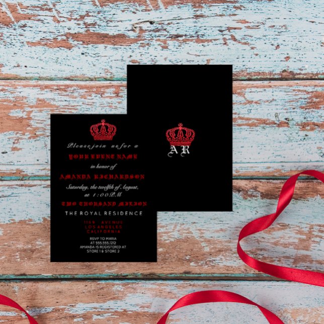 Convite Branco Gito Gótico Real Coroa Negra Vermelha (Red Black Crown Royal Glitter Gothic White Invitation)