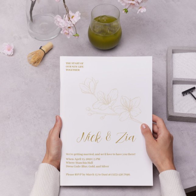 Convite Branco Mínimo de Flor Dourada Whimsical (Gold Flower Minimal White Wedding Invitation)