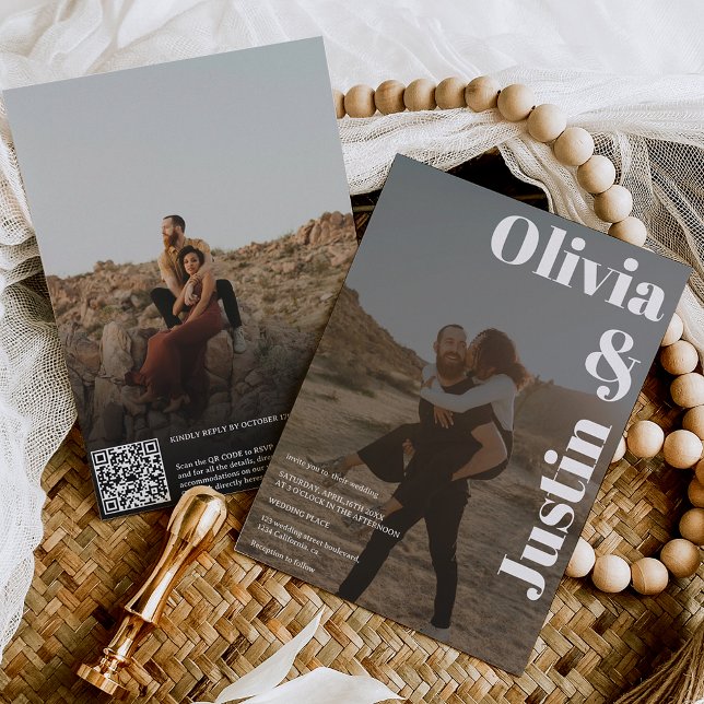 Convite Branco negro com nomes 2 fotos Qr code casamento (Criador carregado)