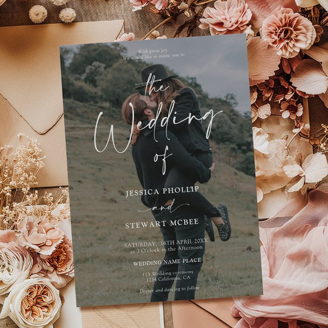 Convite Branco negro elegante todo em um casamento com fot (Elegant black white all in 1 script photo wedding invitation)