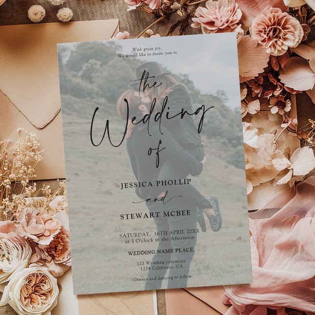 Convite Branco negro elegante todo em um casamento com fot (Elegant black white all in 1 script photo wedding invitation)