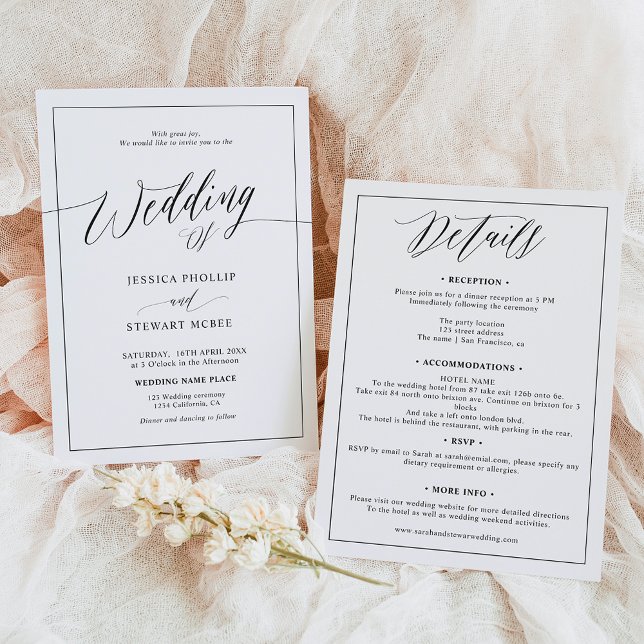 Convite Branco negro elegante todo em um casamento de guiã (Elegant black white all in one script wedding invitation)