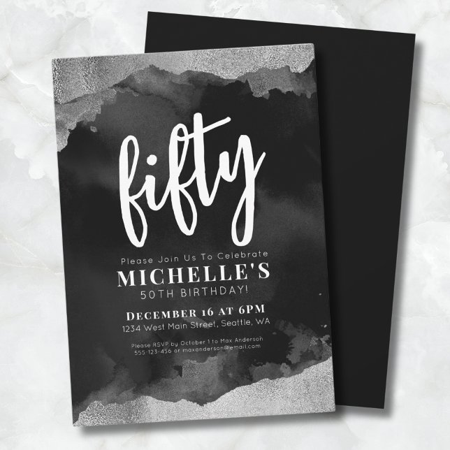 Convite Branco Preto 50º Aniversário (Elegant White Black 50th Birthday Invitation)