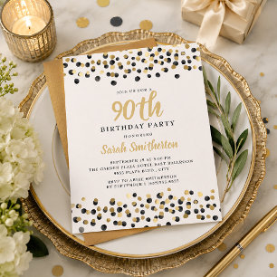 Convite Branco Preto Dourado Confete Brilho 90º Aniversári