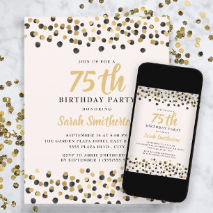 Convite Branco Preto Dourado Confete Brilho Aniversário de