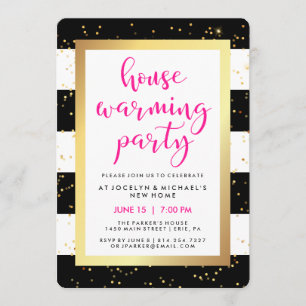 Convite Branco preto e partido Dourado do Housewarming do
