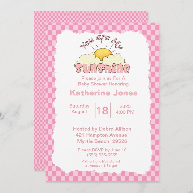 Convite Branco Rosa Você É Meu Chá de fraldas Sol (Frente/Verso)