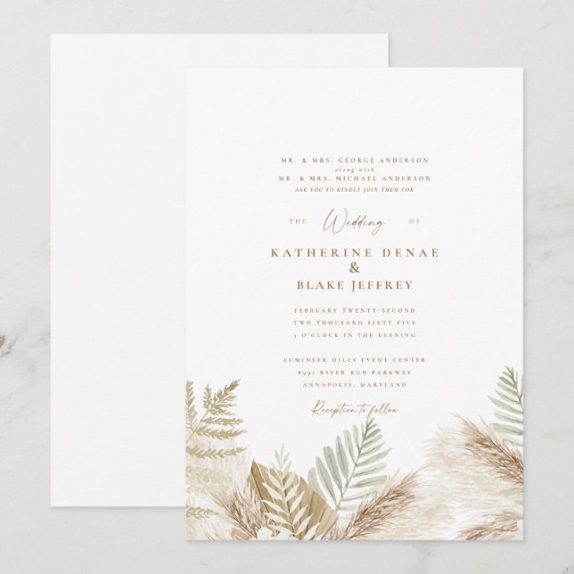 Convite Branco Simplesmente Elegante com Pampas e  (Frente/Verso)
