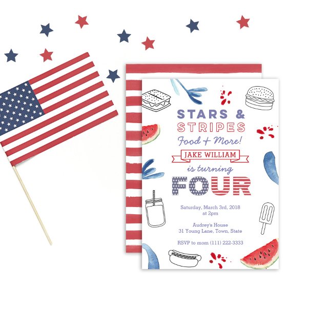 Convite Branco Vermelho e Azul 4º Aniversário para Menino  (Criador carregado)
