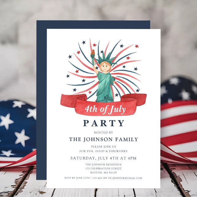 Convite Branco Vermelho e Azul, Patriótico, Cute, 4 de jul (Cute Patriotic Red White And Blue 4th of July Invitation)