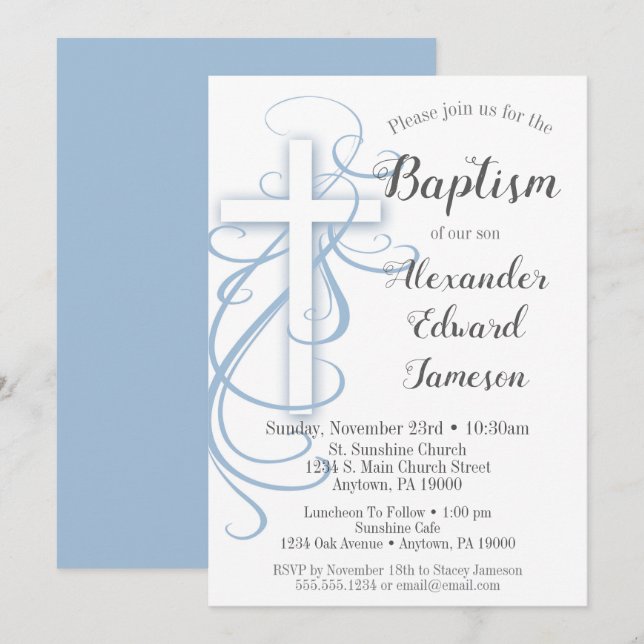 Convite Brancos Blue Swirl Cross Baptism (Frente/Verso)