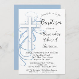 Convite Brancos Blue Swirl Cross Baptism