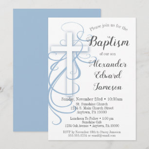 Convite Brancos Blue Swirl Cross Baptism