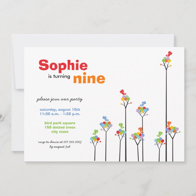 Convite Brancos de Cores Whimsical Pássaros Árvores Crianç (Frente)