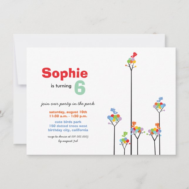 Convite Brancos de Cores Whimsical Pássaros Árvores Crianç (Frente)