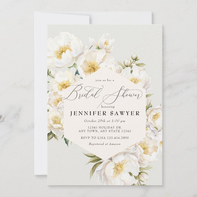 Convite Brancos | Elegante Chá de panela Floral (Frente)