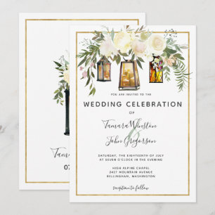 Convite Brancos Elegantes e Lanternas Douradas Rústicas