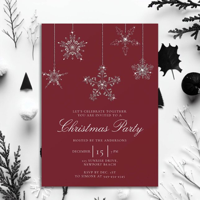 Convite Brancos Rinotraqueais Vermelhos Brancos Flocos de  (rhinestones glitter christmas party invitation elegant white red modern minimalist classy stylish)