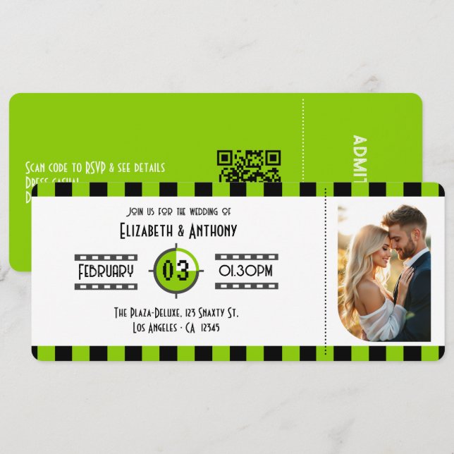 Convite Brat Green, Black & White Cinema Ticket Wedding (Frente/Verso)