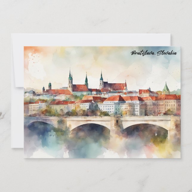 Convite Bratislava Slovakia Watercolor Painting Panorama  (Frente)
