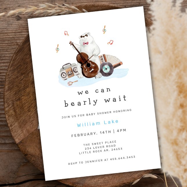 Convite Bravo Aguardar Chá de fraldas do Urso Polar Musico (Fun Bearly Wait Musician Polar Bear Baby Shower Invitation)