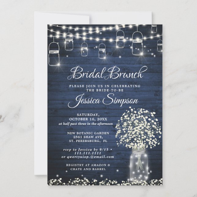 Convite Breath do bebê Mason Jar Blue Rustic Bridal Brunch (Frente)