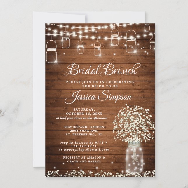 Convite Breath do bebê Mason Jar Rustic Bridal Brunch (Frente)