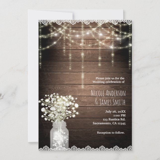 Convite Breath Mason Jar Lights & Wood Wedding (Frente)