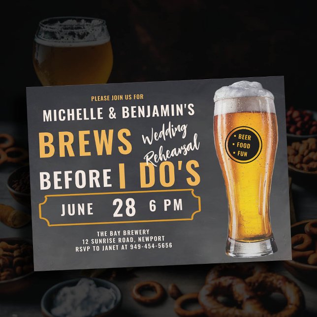 Convite Breve antes de eu fazer o teste de casamento de fe (brews before i dos wedding rehearsal dinner invitation brewery theme rustic chalk board beer glass)