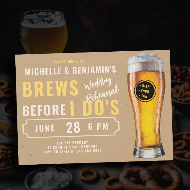 Convite Breve antes que eu faça o ensaio de casamento de c (brews before i dos wedding rehearsal brewery invitation kraft beer party)