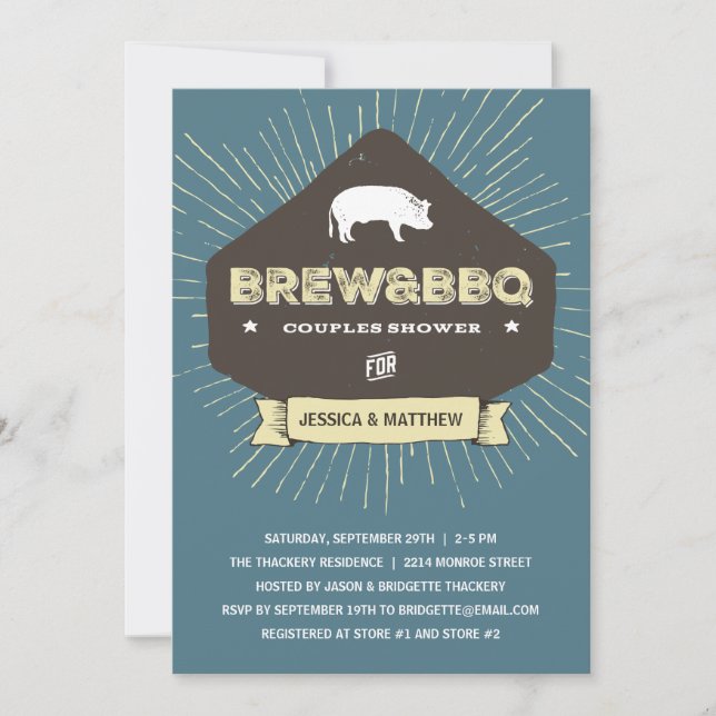 Convite Brew & CHURRASCO | Chá de casamento de Casais Russ (Frente)