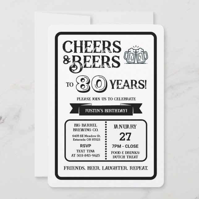 Convite Brewery Pub Birthday Cheers and Beers to 80 Years (Frente)