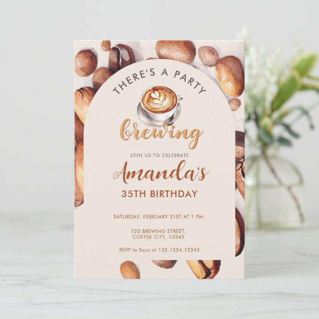 Convite Brewing Coffee Bean Any Age Birthday (Em pé/Frente)
