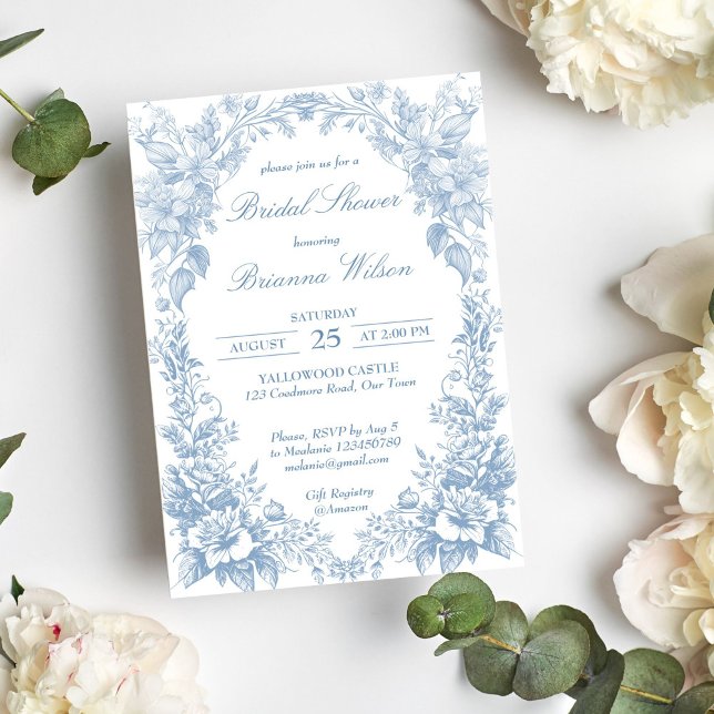 Convite Brida azul Elegante de galinha de galinha (Elegant French garden toile chinoiserie dusty blue bridal editable Invitation instant download)