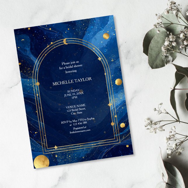 Convite Brida Chic Celestial Encantada Mística (blue sky with golden moon and stars, arched golden frame bridal shower invitation)