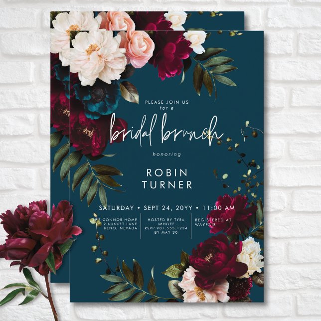 Convite Brida Floral Azul e Borboleta Burgundy (Elegant Burgundy & Blue Floral Bridal Brunch Invitation)