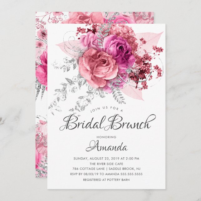 Convite Brida Floral Moderna Rosa e Silver Brunch (Frente/Verso)