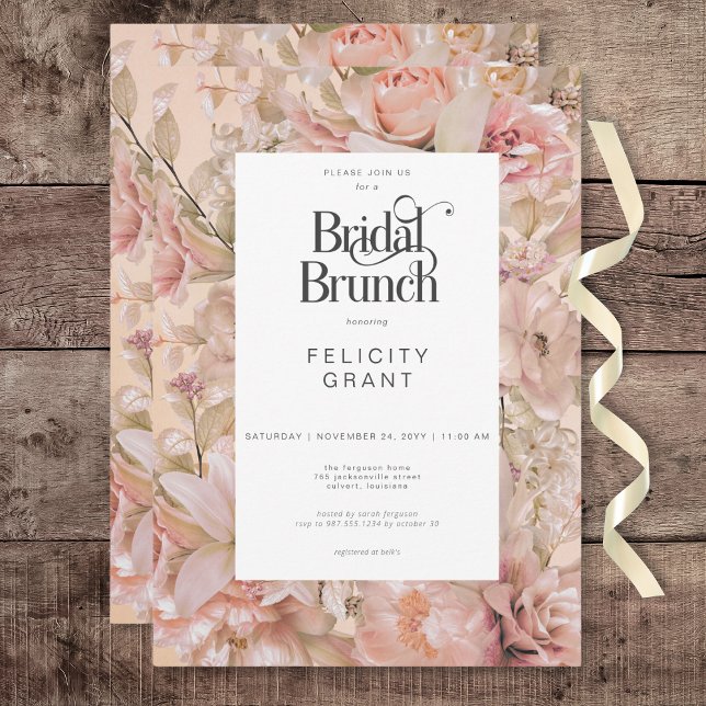 Convite Brida Floral Romântica, Rosa e Branca, Rosa, (Romantic Rustic Pink & White Floral Bridal Brunch Invitation)