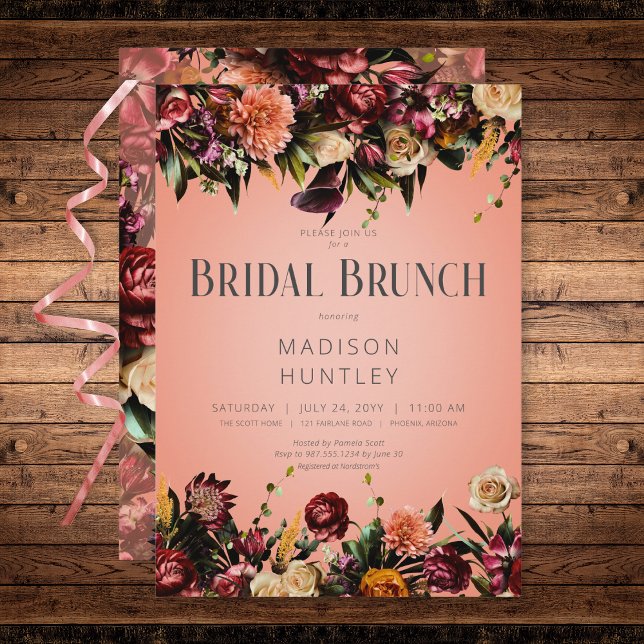 Convite Brida Floral Rústica de Pêssego e Brida Roxa Brunc (Rustic Peach Wine & Purple Floral Bridal Brunch Invitation)