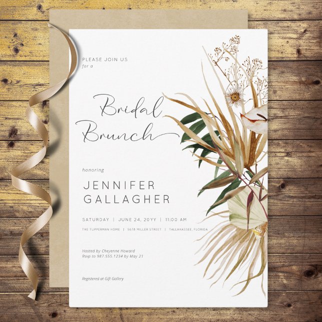 Convite Brida Floral Seca de Brida Branca Moderna (Modern White Boho Dried Floral Bridal Brunch Invitation)