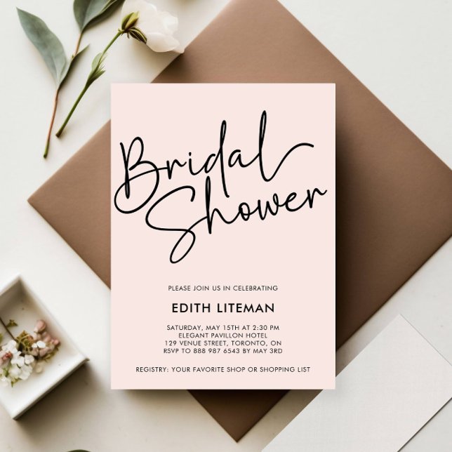 Convite Brida Rosa Elegante com Script Simples Manuscrito (HANDWRITTEN CALLIGRAPHY SCRIPT MODER BRIDAL SHOWER PARTY INVITATION BLACK AND BLUSH PINK)