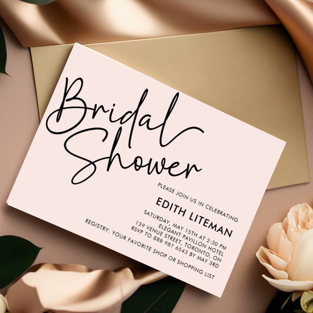 Convite Brida Rosa Elegante com Script Simples Manuscrito (Elegant script handwritten bridal shower invitation in black and blush pink)