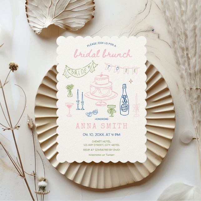 Convite Bridal Azul Cor-de-rosa-Pinta Simples (Hand Drawn Hand Illustrated Bridal Brunch Effortless Aesthetic Pink Blue Green Quirky Unique Whimsy)