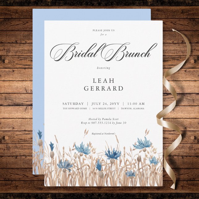Convite Bridal Azul de Cornflower & Wheat Field (Blue Cornflowers & Wheat Field Bridal Brunch Invitation)