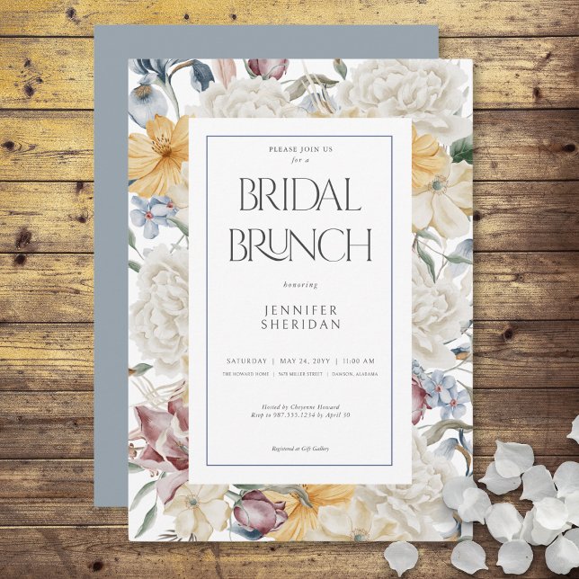 Convite Bridal Branca Floral Amarelo Azul e Branco (Yellow Blue & White Floral White Bridal Brunch Invitation)
