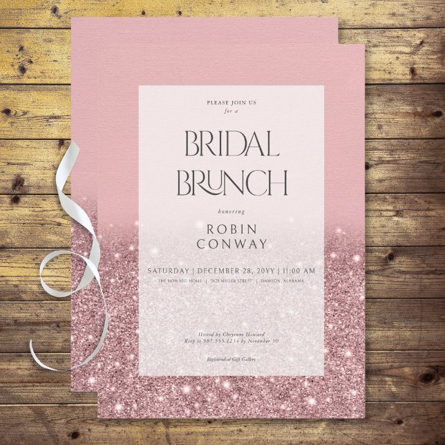 Convite Bridal Bridal com Glitter Glam Rosa Rosa moderno B (Modern Rose Pink Glam Glitter Bridal Brunch Invitation)
