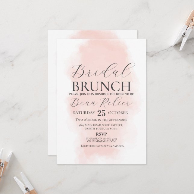 Convite Bridal Brunch Chá Bachelorette Watercolor Peach (Frente/Verso In Situ)