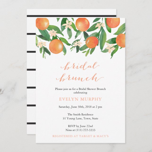 Convite Bridal Brunch Citrus Charcarbonus Stripes (Frente/Verso)