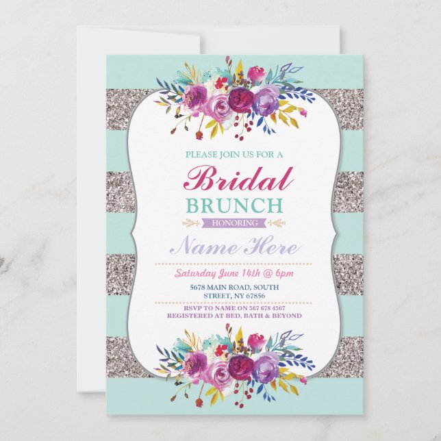 Convite Bridal Brunch Convidou Silver Glitter Mint Floral (Frente)