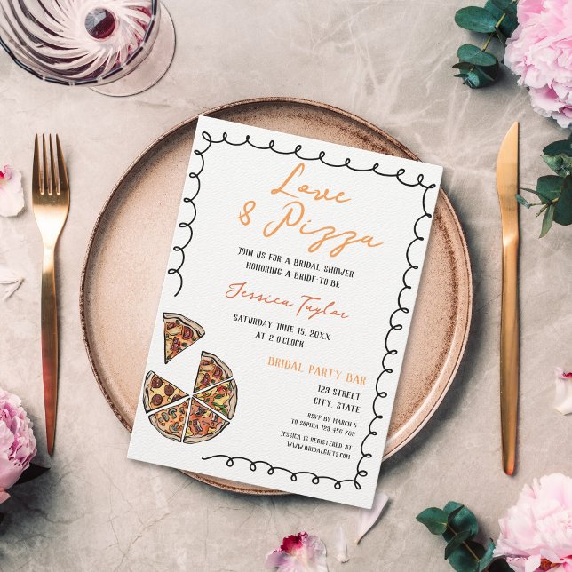Convite Bridal Brunch de Amor e Pizza Simples Quirky (hand drawn cartoon pizza bridal shower invitation with bow border)